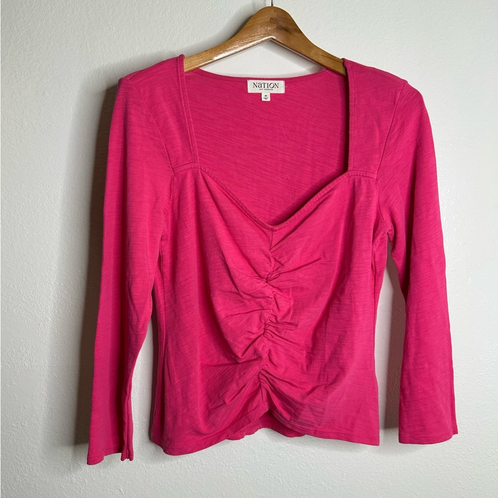 Nation Los Angeles 100% Cotton Bright Pink Long Sleeve Ruched Top